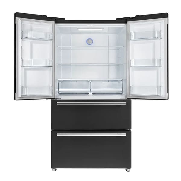 Front view of the FORNO 36-Inch French Door Refrigerator in Black with both doors open, revealing spacious interior compartments, adjustable glass shelves, crisper drawers, and door bins for organized food storage.