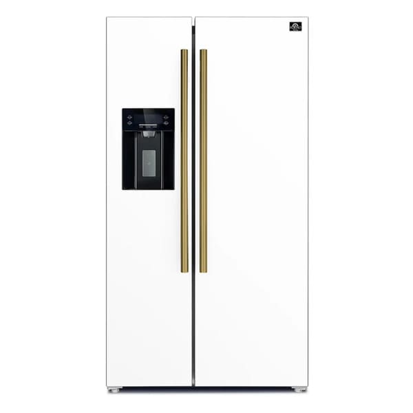 Front view of the FORNO 36-Inch Side-by-Side Refrigerator with Water Dispenser in White, featuring a sleek exterior with minimalist handles and an integrated water and ice dispenser.