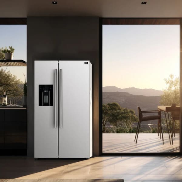 Second lifestyle view of the FORNO 36-Inch Side-by-Side Refrigerator with Water Dispenser in White, integrated seamlessly into a contemporary kitchen, emphasizing its clean white finish and modern functionality.