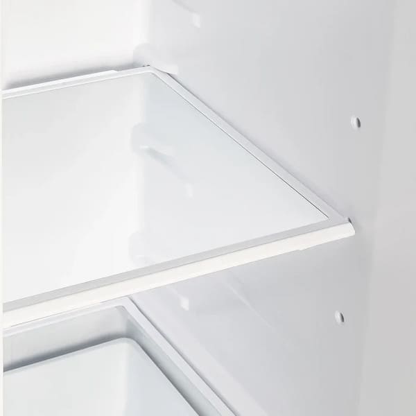 Close-up view of an interior shelf in the FORNO 36-Inch Side-by-Side Refrigerator with Water Dispenser in White, featuring adjustable glass shelving for flexible food storage.