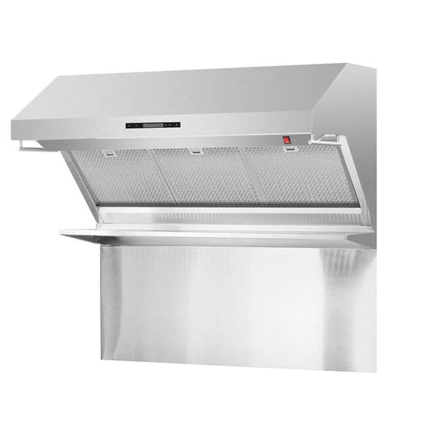 Front right angled view of the FORNO 48-inch wall mount range hood with red light warmer, showing the dual infrared warming lamps, stainless steel baffle filters, and polished finish—designed for powerful ventilation and heat retention in a professional-style kitchen.