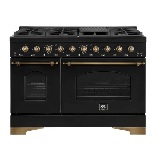Front view of the FORNO Antico 48-Inch Dual Fuel Range in black, featuring a bold black stainless steel finish, double ovens, and eight brass burners with professional-style control knobs.