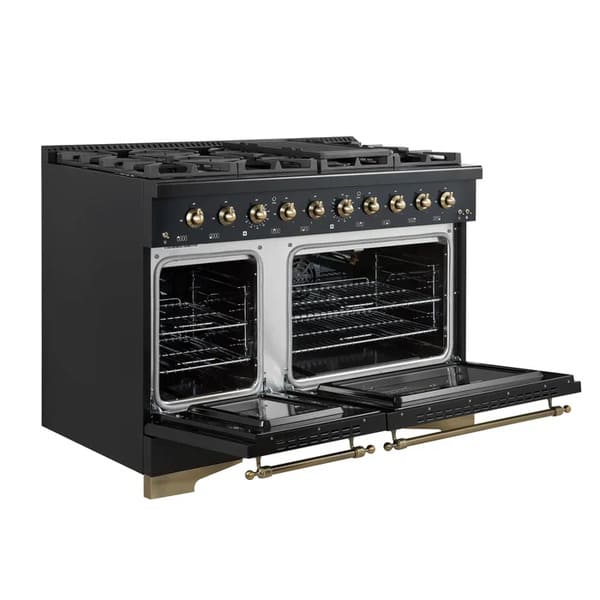 Left-angled front view of the FORNO Antico 48-Inch Dual Fuel Range in black with both oven doors open, revealing spacious blue enamel interiors, convection fans, and heavy-duty racks.