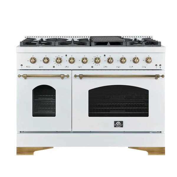 Front view of the FORNO Antico 48-Inch Dual Fuel Range in white, featuring a matte white finish, double ovens, eight brass burners, and stainless steel control knobs for a professional look.