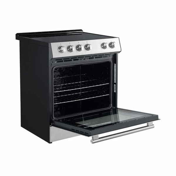 Left-angled view of the FORNO 30-inch stainless steel electric range with the oven door open, showcasing the interior oven cavity and sleek exterior design.