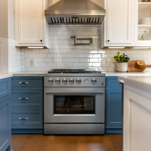 Lifestyle image of the FORNO 30-inch gas range in stainless steel, installed in a modern kitchen setting with surrounding cabinetry and cooking accessories.