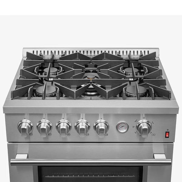 Top view of the FORNO 30-inch gas range in stainless steel, showcasing five gas burners with grates and a smooth stainless steel surface.