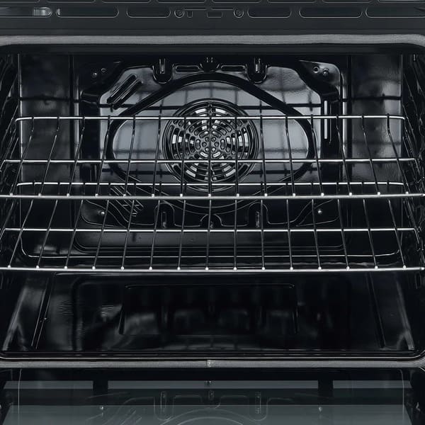 Detailed interior view of the Forno 30-inch Leonardo Espresso electric range, featuring a black enamel oven cavity with dual chrome racks, multiple rack positions, and ample space for multi-level cooking.