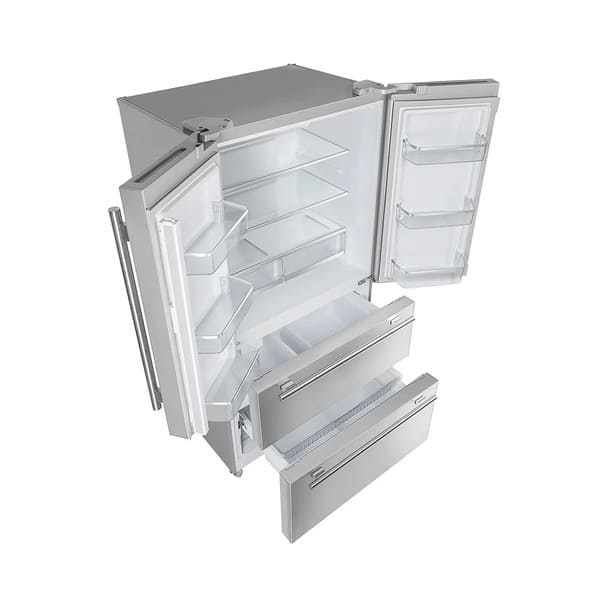 Angled front view of the FORNO 36-inch French door refrigerator in stainless steel with both doors and the bottom freezer drawer open, showing the interior storage layout and stainless steel finish.