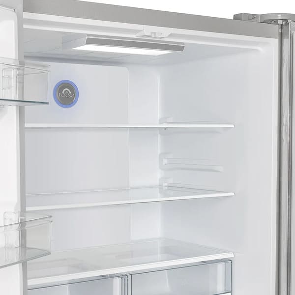 Interior view of the FORNO 36-inch French door refrigerator in stainless steel, highlighting the adjustable glass shelves and spacious storage compartments.