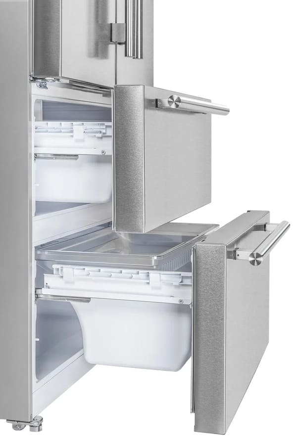 Side view of the drawers inside the FORNO 36-inch French door refrigerator in stainless steel, showing spacious and accessible storage compartments.