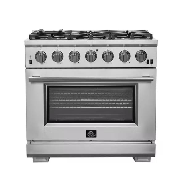 FORNO Capriasca 36-Inch Gas Range in stainless steel with 6 dual-ring brass burners, convection oven, and illuminated knobs.