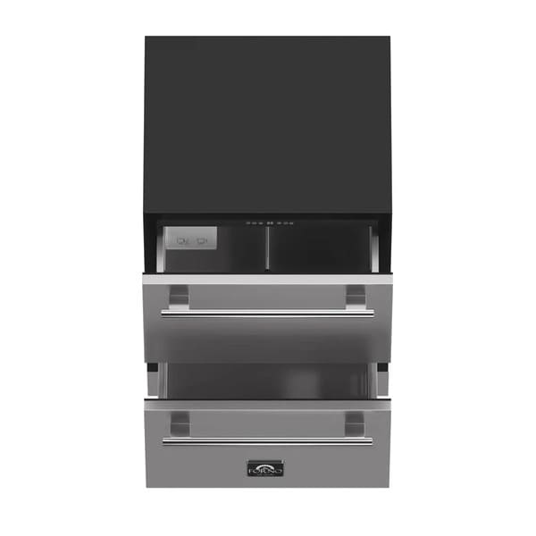 Front view of the FORNO Cosenza Built-In Drawer Freezer with both drawers open, revealing spacious stainless steel interiors, a built-in ice maker, and organized freezer storage.