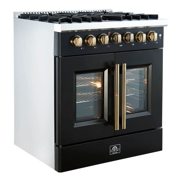 Left-angled view of the FORNO Galiano 30-Inch French Door Dual Fuel Range in black, showcasing the smooth stainless cooktop, brass-finished control knobs, and stylish French-door oven design.