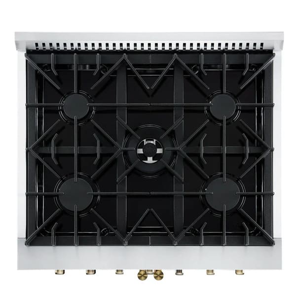 Top-down view of the FORNO Galiano 30-Inch Dual Fuel Range in white, featuring six sealed brass burners, heavy-duty cast iron grates, and a sleek stainless steel surface.