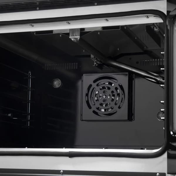 Interior view of the FORNO Galiano 30-Inch French Door Gas Range in black, showing the upper broiler element, blue enamel oven cavity, and chrome oven racks for high-heat broiling and even cooking.