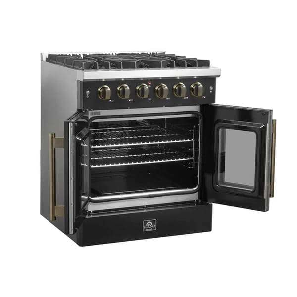 Left-angled view of the FORNO Galiano 30-Inch French Door Gas Range in black with the twin oven doors open, revealing a blue enamel interior, convection fan, and heavy-duty oven racks for versatile cooking.
