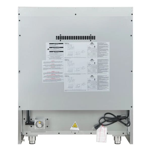 Rear view of the FORNO Galiano 30-Inch French Door Gas Range in white, showing utility connections, ventilation openings, and a streamlined design for easy and secure kitchen installation.