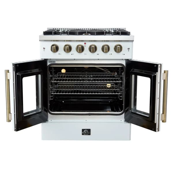 Front view of the FORNO Galiano 30-Inch French Door Gas Range in white with both oven doors open, showcasing the spacious blue enamel interior, convection fan, and adjustable chrome oven racks.