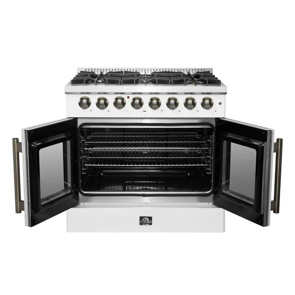 Front view of the FORNO Galiano 36-Inch French Door Dual Fuel Range in white with both oven doors open, revealing the spacious oven interior and multiple racks.