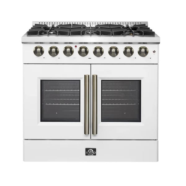 Front view of the FORNO Galiano 36-Inch French Door Dual Fuel Range in white with brass knobs, showcasing its sleek design and spacious oven doors.