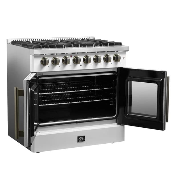 Left angled view of the FORNO Galiano 36-Inch French Door Dual Fuel Range in white with both oven doors open, revealing the spacious interior and multiple oven racks.