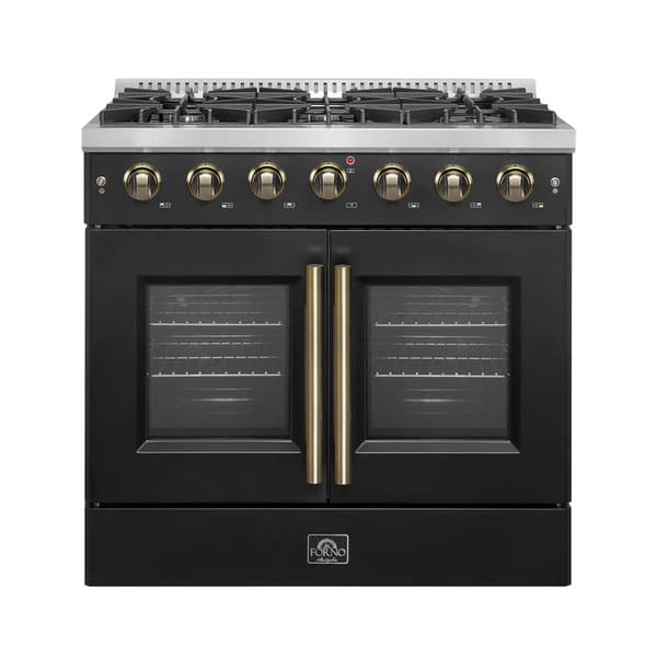 Front view of the FORNO Galiano 36-Inch French Door Gas Range in black, featuring six sealed burners, elegant French oven doors with window panes, and a modern matte black finish with brass accents.