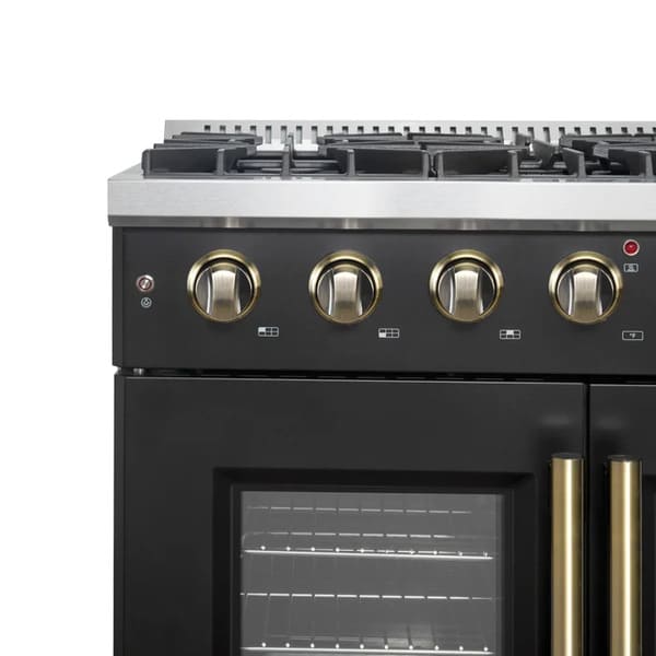 Close-up view of the control knobs on the FORNO Galiano 36-Inch French Door Gas Range in black, showcasing brass-accented bezels and illuminated indicators for precise burner and oven control.