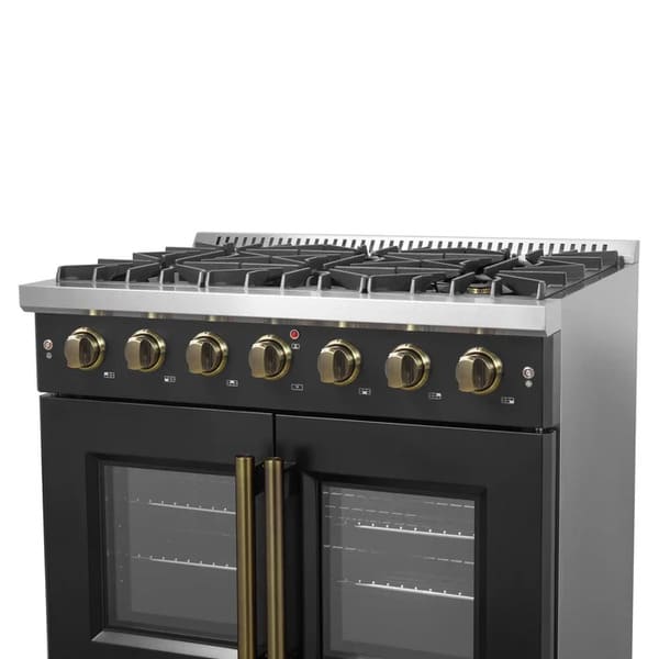 Right-angled close-up of the control knobs on the FORNO Galiano 36-Inch French Door Gas Range in black, displaying metallic bezels, ergonomic grip design, and subtle LED illumination for enhanced usability.