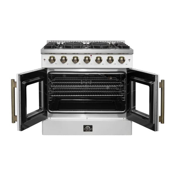 Front view of the FORNO Galiano 36-Inch French Door Gas Range in white with both oven doors open, showcasing a blue porcelain interior, convection fan, and three adjustable chrome oven racks.
