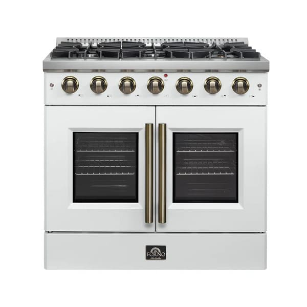 Front view of the FORNO Galiano 36-Inch French Door Gas Range in white, featuring six sealed burners, elegant French oven doors with window panes, and a modern matte black finish with brass accents.