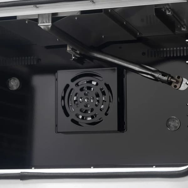 Interior view of the FORNO Galiano 36-Inch French Door Gas Range in white, showcasing the broiler element, convection fan, and blue enamel oven cavity with multiple rack positions for versatile cooking.