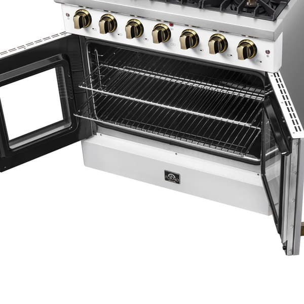 Right-angled view of the oven interior in the FORNO Galiano 36-Inch French Door Gas Range in white, featuring chrome oven racks on ball-bearing slides inside a blue enamel convection oven cavity.