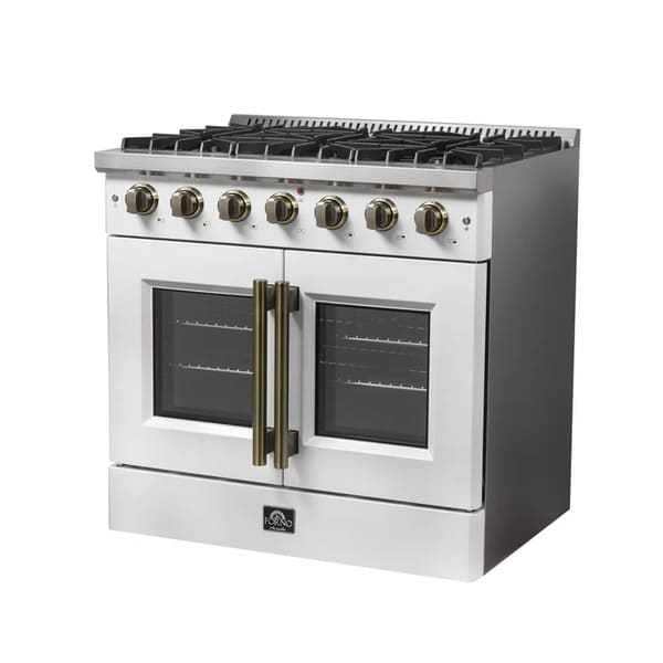 Right-angled view of the FORNO Galiano 36-Inch French Door Gas Range in white, featuring six Italian brass burners, matte black finish, and double oven doors with elegant brass hardware.