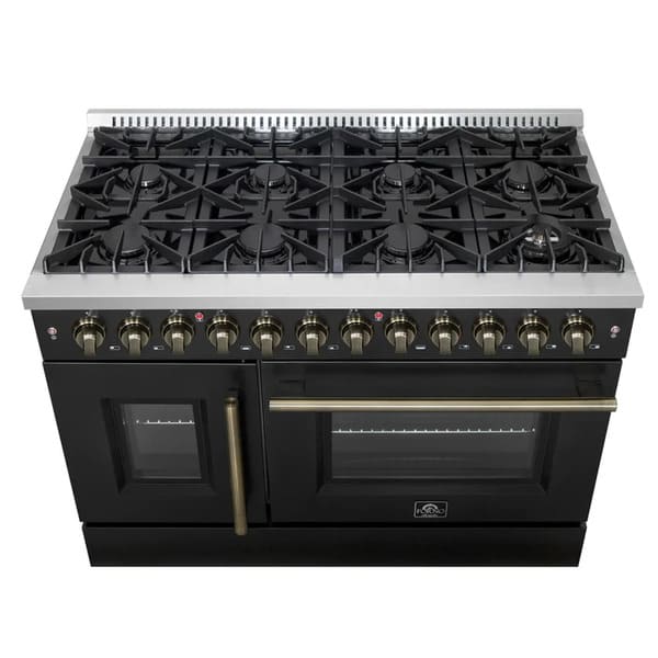 FORNO Galiano 48-Inch French Door Dual Fuel Range with 8 Burners and 6.58 Cu. Ft. Electric Convection Oven in Black/White with Antique Brass Trim