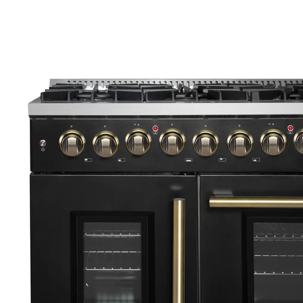 FORNO Galiano 48-Inch French Door Dual Fuel Range with 8 Burners and 6.58 Cu. Ft. Electric Convection Oven in Black/White with Antique Brass Trim