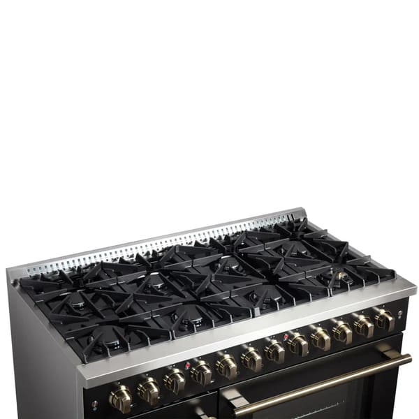 FORNO Galiano 48-Inch French Door Dual Fuel Range with 8 Burners and 6.58 Cu. Ft. Electric Convection Oven in Black/White with Antique Brass Trim