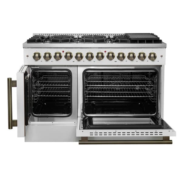 FORNO Galiano 48-Inch French Door Dual Fuel Range with 8 Burners and 6.58 Cu. Ft. Electric Convection Oven in Black/White with Antique Brass Trim