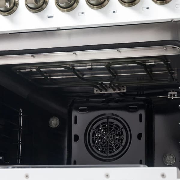 FORNO Galiano 48-Inch French Door Dual Fuel Range with 8 Burners and 6.58 Cu. Ft. Electric Convection Oven in Black/White with Antique Brass Trim