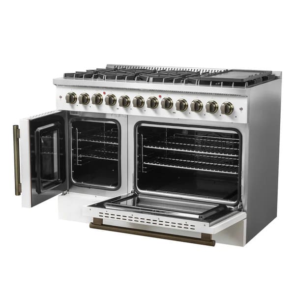 FORNO Galiano 48-Inch French Door Dual Fuel Range with 8 Burners and 6.58 Cu. Ft. Electric Convection Oven in Black/White with Antique Brass Trim