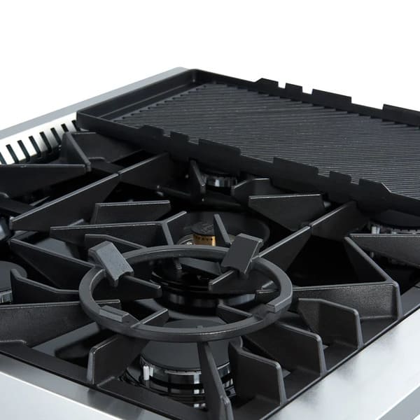 Left-angled view of the FORNO Giovanni 30-Inch Gas Range in black, showing the cooktop with four brass burners, cast iron grates, and included accessories such as a wok ring and griddle plate.