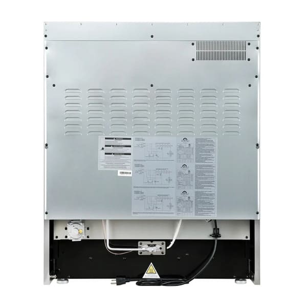 Rear view of the FORNO Giovanni 30-Inch Gas Range in black, showing gas and electrical connection points, vent openings, and a flat-back design for easy kitchen installation.