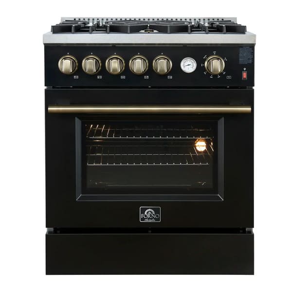 Front view of the FORNO Giovanni 30-Inch Gas Range in black, featuring a matte finish, four brass burners, heavy-duty control knobs, and a spacious single oven with stainless steel trim.