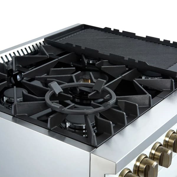 Left-angled view of the FORNO Giovanni 30-Inch Gas Range in white, showcasing the cooktop with a removable cast iron griddle and wok ring over brass burners for versatile cooking performance.