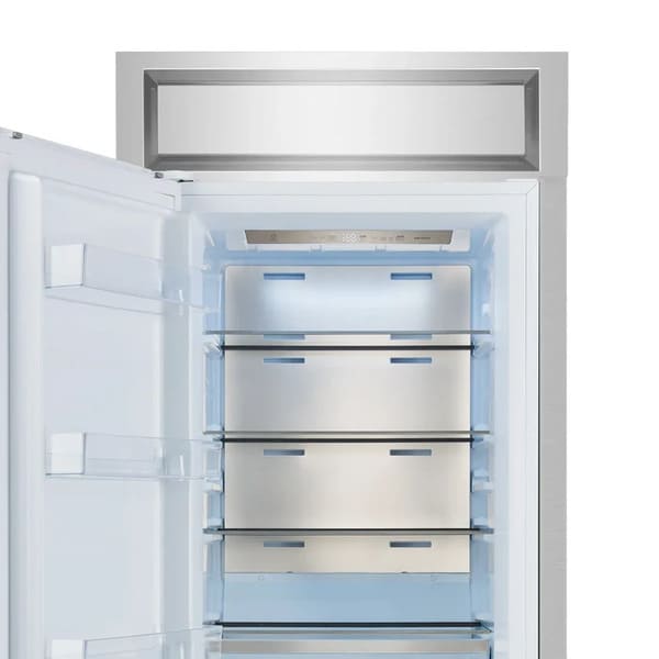 Interior view of the upper compartment in the FORNO Maderno 28-Inch Built-In 13.6 Cu. Ft. Convertible Refrigerator in white with left-swing door, featuring adjustable shelves and bright LED lighting.