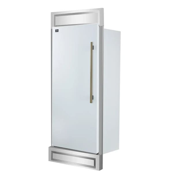 Right-angled front view of FORNO Maderno 28-Inch Built-In 13.6 Cu. Ft. Convertible Refrigerator in white with left-swing door, showcasing sleek integrated design and panel-ready finish.