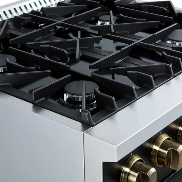Left-angled view of the cooktop on the FORNO Marco 30-Inch Gas Range in black, featuring four sealed brass burners with continuous cast iron grates for smooth pan movement and professional-grade performance.