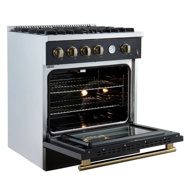 Left-angled view of the FORNO Marco 30-Inch Gas Range in black with the oven door open, revealing a spacious blue enamel interior, convection fan, and chrome oven racks for efficient cooking.
