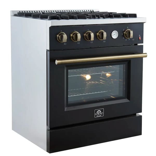 Left-angled view of the FORNO Marco 30-Inch Gas Range in black, featuring four sealed brass burners, durable cast iron grates, and a modern matte black finish with stainless steel accents.