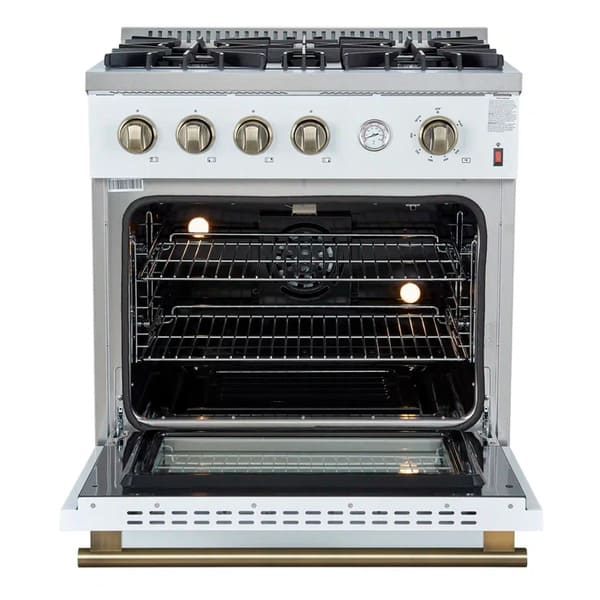 Front view of the FORNO Marco 30-Inch Gas Range in white with the oven door open, showcasing the spacious blue enamel interior, convection fan, and multiple chrome racks for efficient baking and roasting.